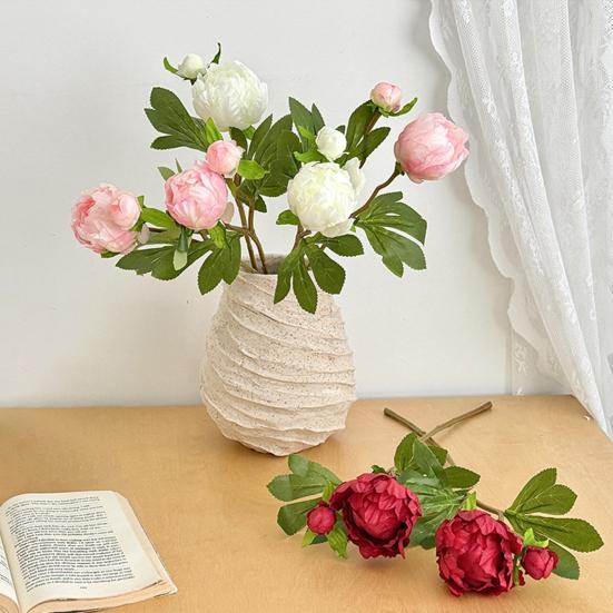 Real Touch Peony Bouquet 1 Bloom 1 Bud Artificial Peony Flower Faux Silk Floral Arrangement for Home Vase Wedding Centerpiece Party Decor