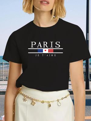 Black and White Paris Letter Love Print Crew Neck T-Shirt Casual Short Sleeve T-Shirt for Spring & Summer Women's Clothing