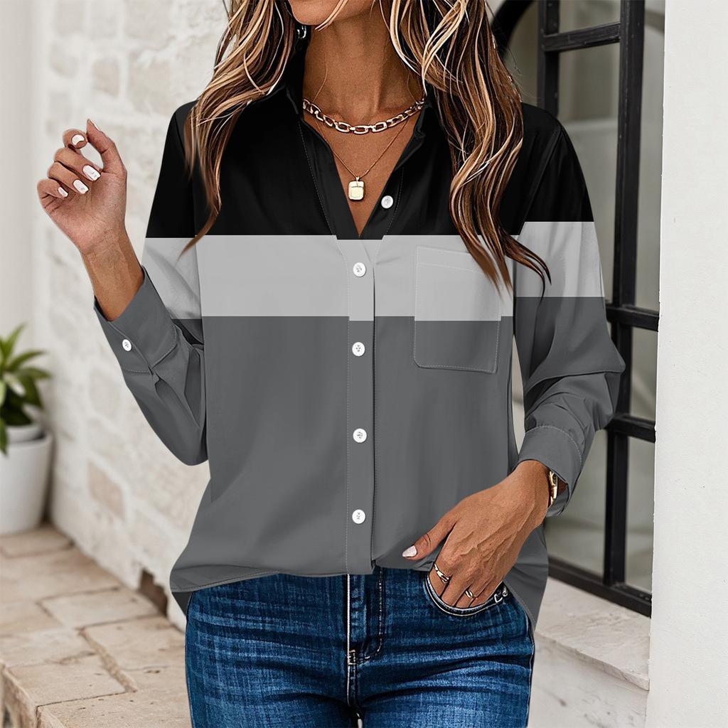 Women's Button Down Prints Shirt Long Sleeve Shirt Business Work Tops Casual With Pockets Jacket