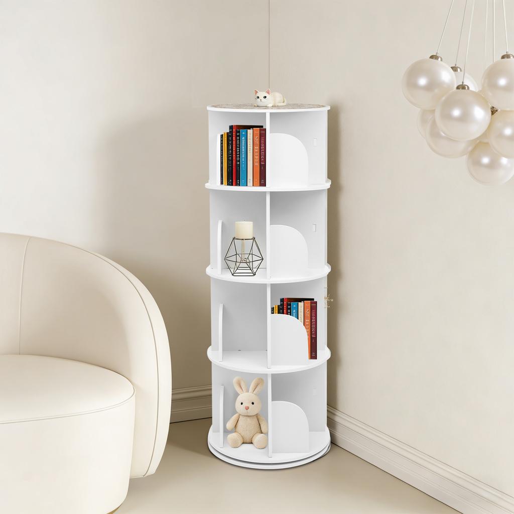Bymaocar 4 Tiers Bookshelf 360° White Bookcase Furniture,Nordic Style Freestanding Storage Shelf Display Rack 100kg Capacity Bew