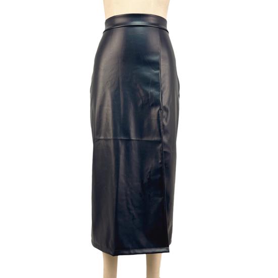 Midi Skirt High Waist Artificial Leather Hip Skirt with Slit Design Pure Color Slimming Fit Office Lady Skirt Work Leisure Daily Wear