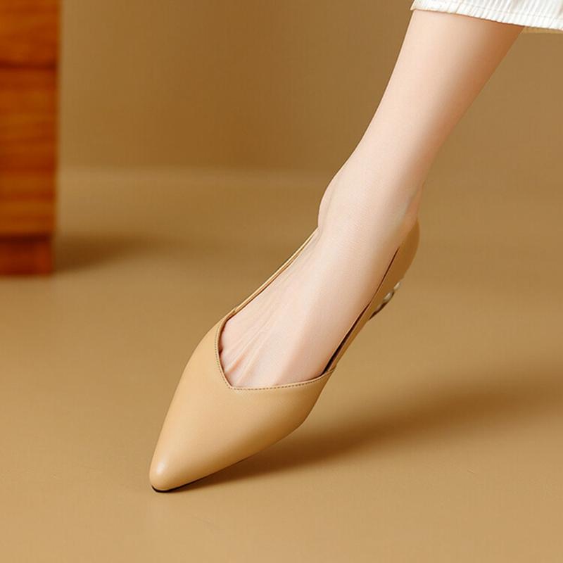 Fashion NEW Spring Women Pumps Split Leather Shoes for Women Pointed Toe Low Heel Women Pumps Pearl Handmade Shoes Concise Ladies Shoes