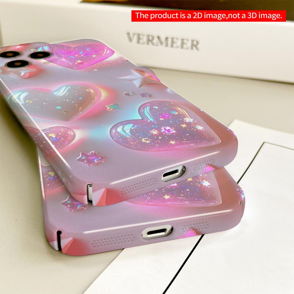 2DFlat Glowing Hearts & Stars Phone Case All Inclusive Film Hard Phone Case, Compatible with iPhone 18 Pro Max 17 16 15 14 13 12 11