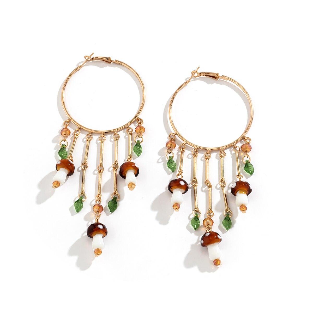 

Богемные красочные серьги-кисточки с подвесками из кристаллов в виде грибов для пирсинга, серьги-кольца, Y2K украшения в подарок