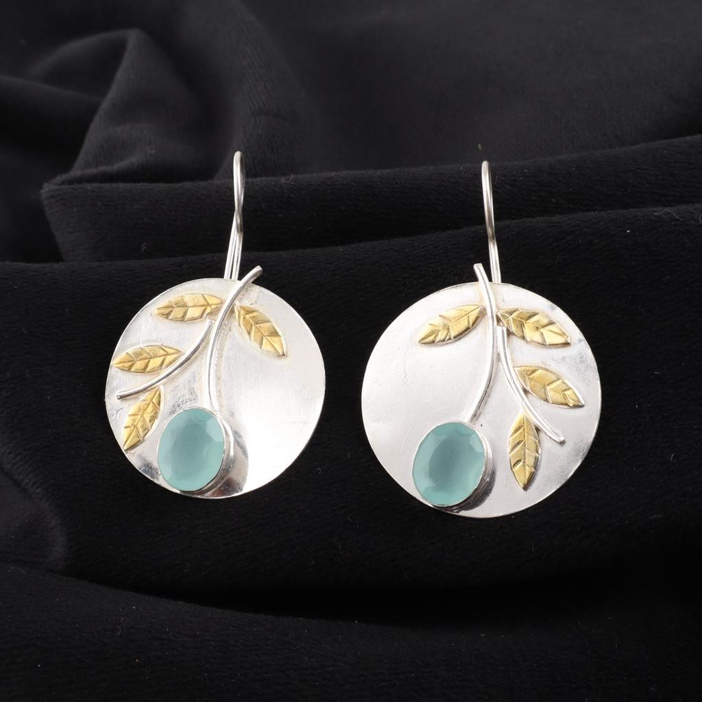 Aqua Chalcedony Gemstone 925 Sterling Silver Jewelry Handmade Earrings 1.73" EE-176-9