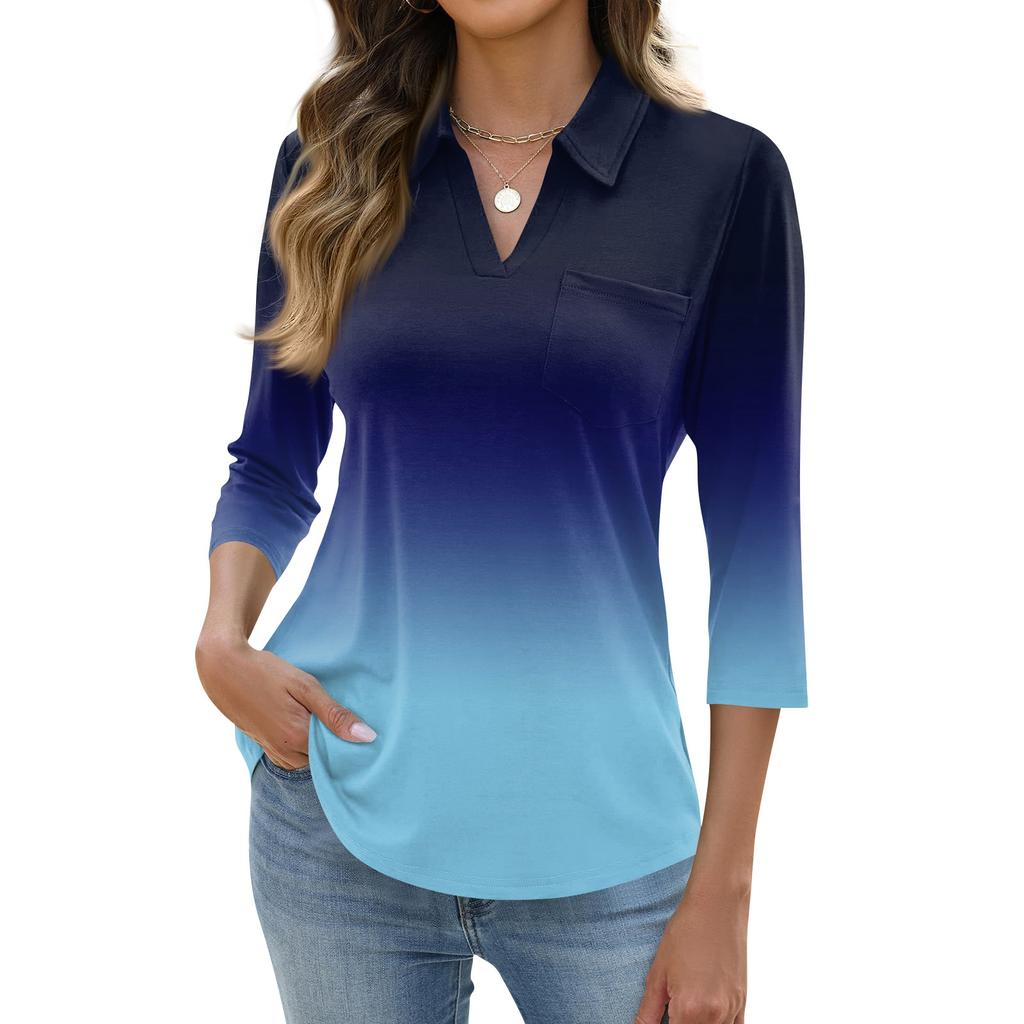 Damen Mode Lässig Revers Kurz 3/4 Ärmel Print Hemd Damen Oberteile