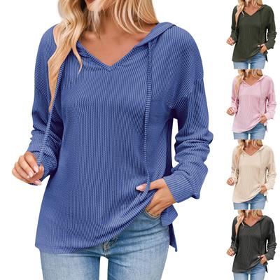 Moda feminina cor sólida decote em V manga comprida cordão casual moletom com capuz