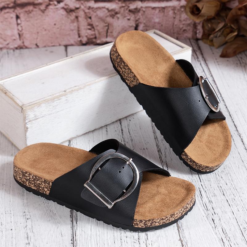 Women's simple solid color buckle cover for wearing flat heeled straight slippers