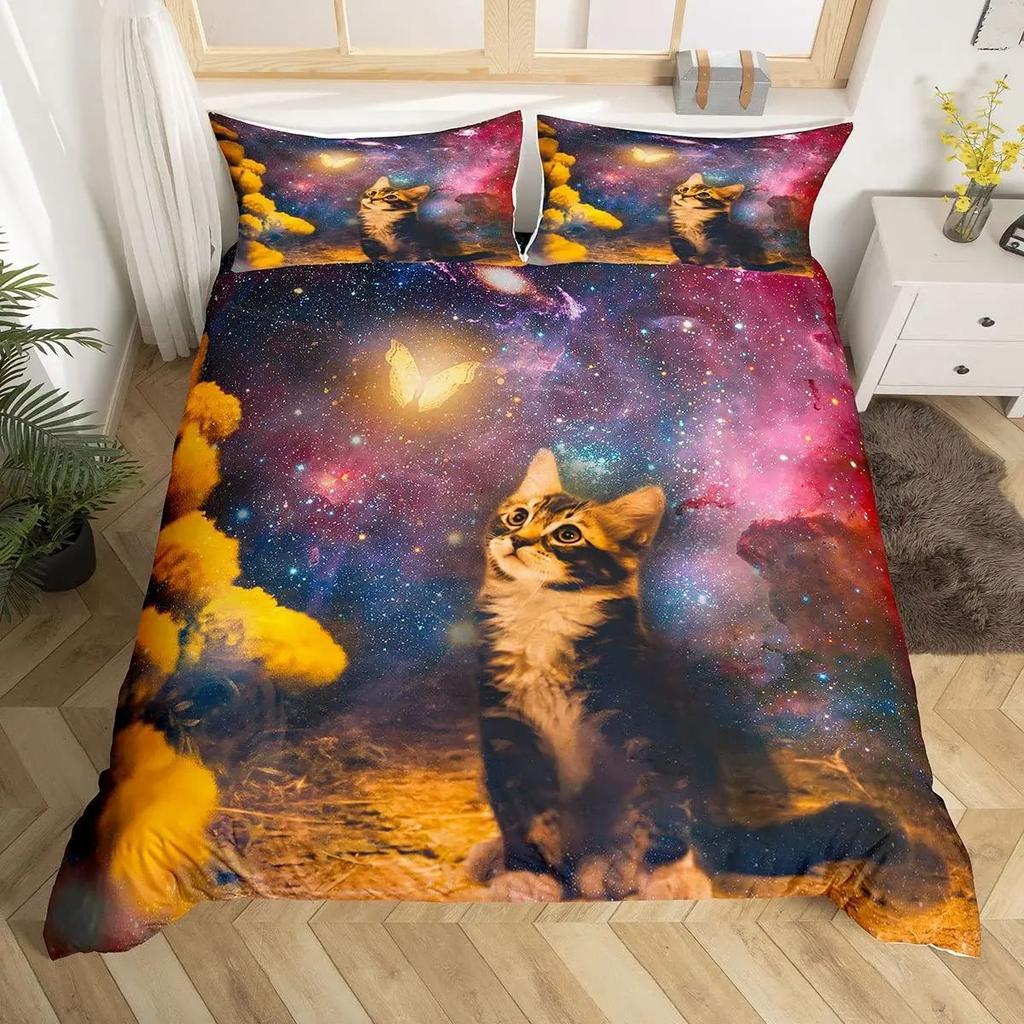 Rainbow Cat Butterfly Duvet Cover Three-Piece Set Watercolor Galaxy Outer Space Bedding Set With Pillowcase