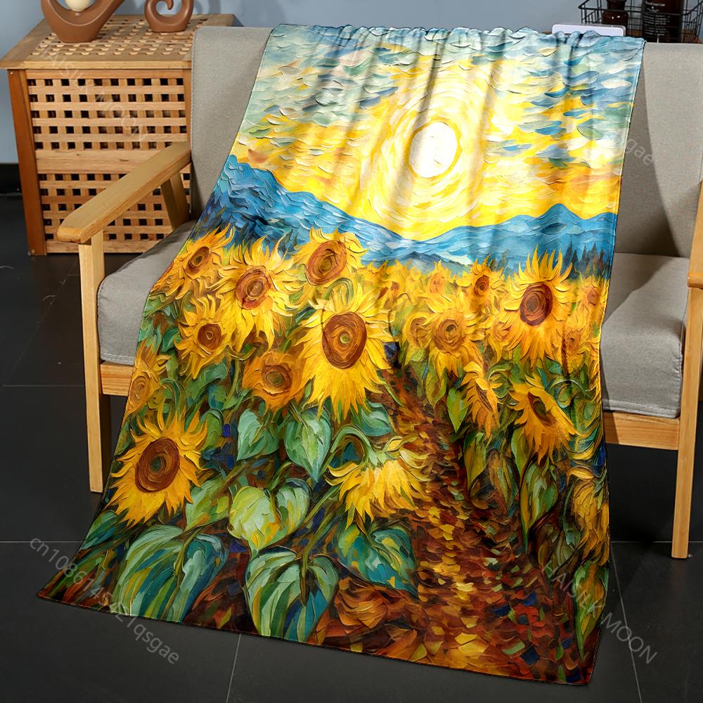 Multi-size Vibrant Sunflowers and Sky. Pattern Blanket Flannel Material Soft Warm for All Seasons, Home Outdoor Camping Picnics