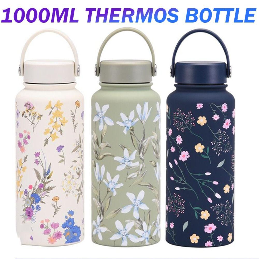 1L Outdoor Insulated Mug Creative Floral Insulated Bottle Drinkware Thermal Water Bottle  Household