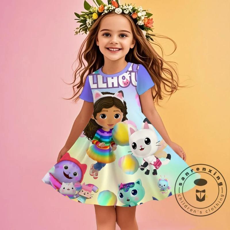 Rochie drăguță cu mânecă scurtă, cu model de desene animate la modă imprimat 3D, Cosplay, Haine pentru fete tinere, Casa de păpuși a lui Gabby, Haine de mare, Dulce