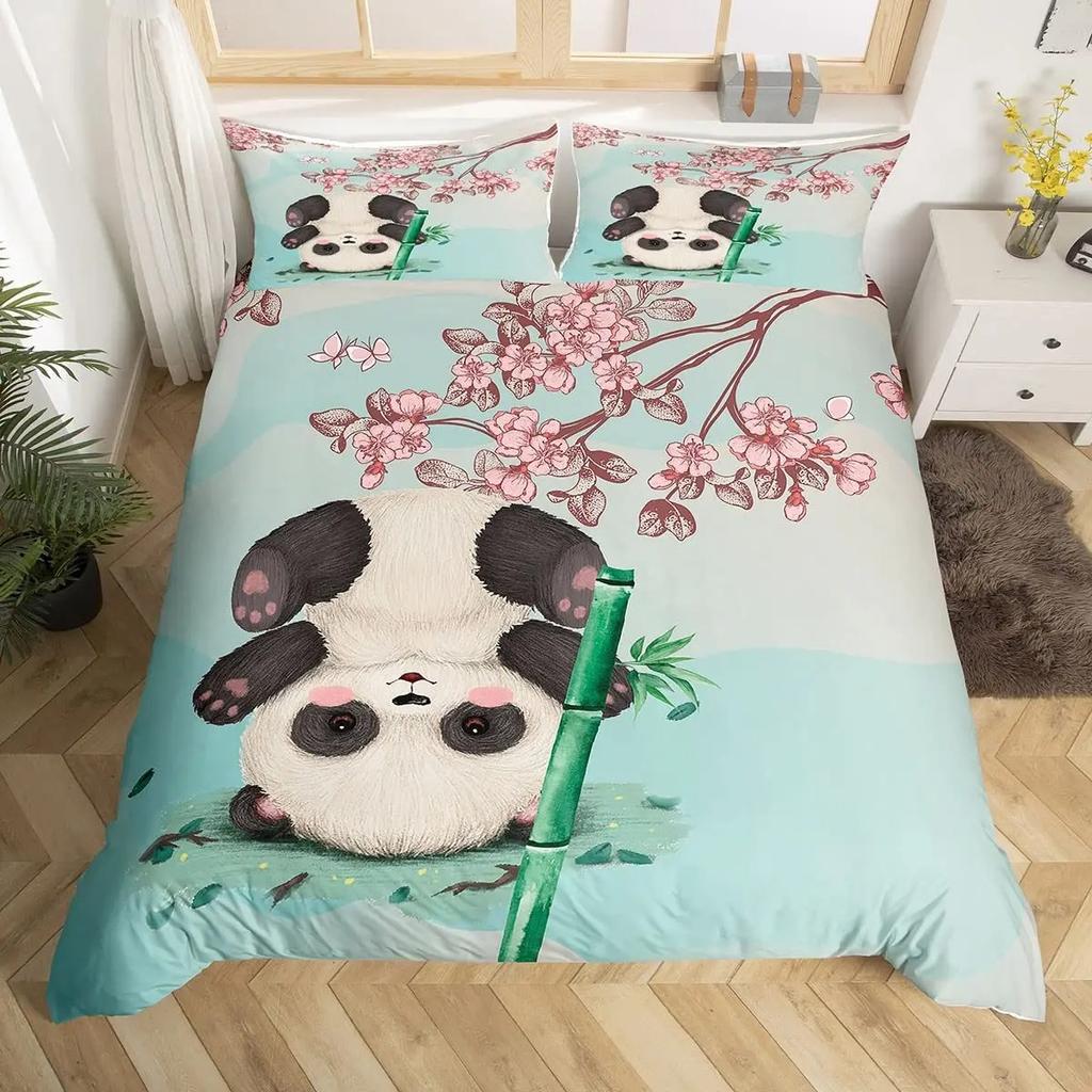 Panda Duvet Cover Set King Size Black And White Animal Comforter Cover With Pillowcases Starry Sky Blue Ultra Soft Quilt Cover