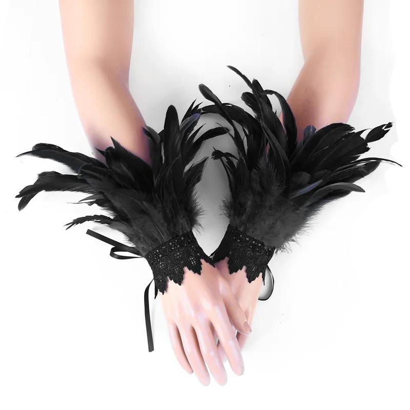 Feather Cuffs Mesh Sleeve Long Lace Feather Embroidery Cuffs Gothic Fashion Cuffs Halloween Party Stage Accessory For Man Women