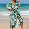 Women Bikini Cover Up Beautiful Printing Half Sleeves Waist Strap Sun Protection Front Open Coat Green Free Size