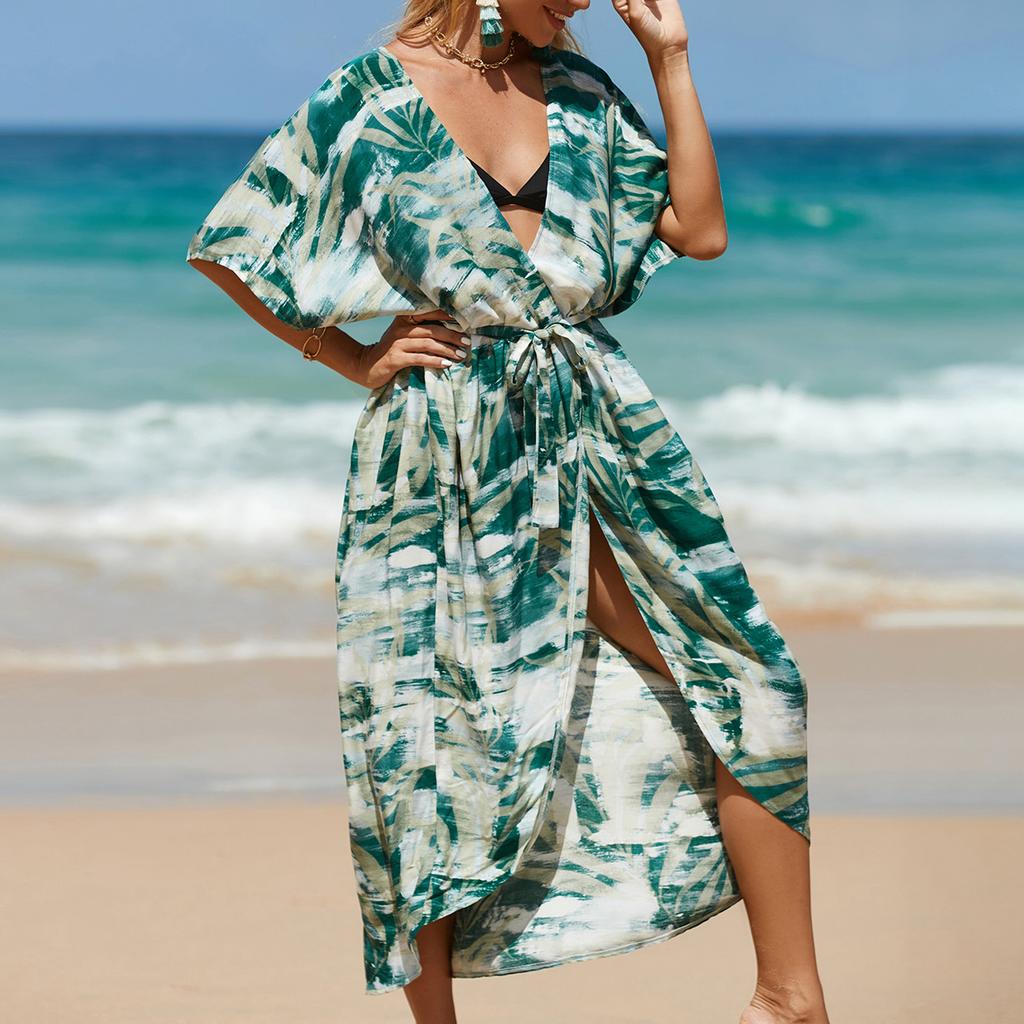 Women Bikini Cover Up Beautiful Printing Half Sleeves Waist Strap Sun Protection Front Open Coat Green Free Size