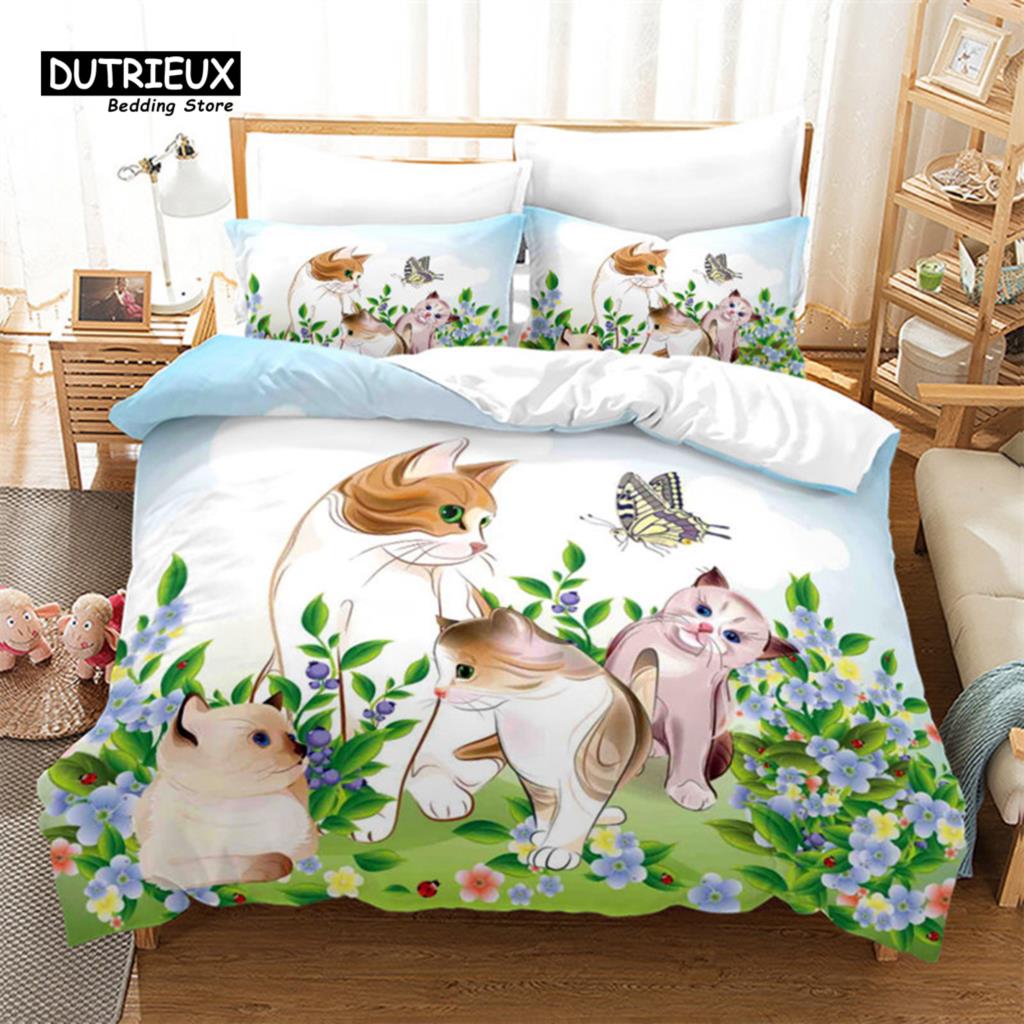 

Милый мультяшный кот Пододеяльник Забавные коты Комплект постельного белья Микрофибра Животные Одеяло Чехол с наволочками Twin Полный для детей подростков EU single(135x200cm)