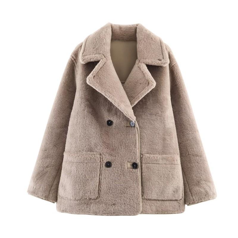 Womens Reversible Streetwear Double-Sided Coat Winter Fashion Outerwear Long Sleeve Turn-Down Collar Faux Leather Jacket