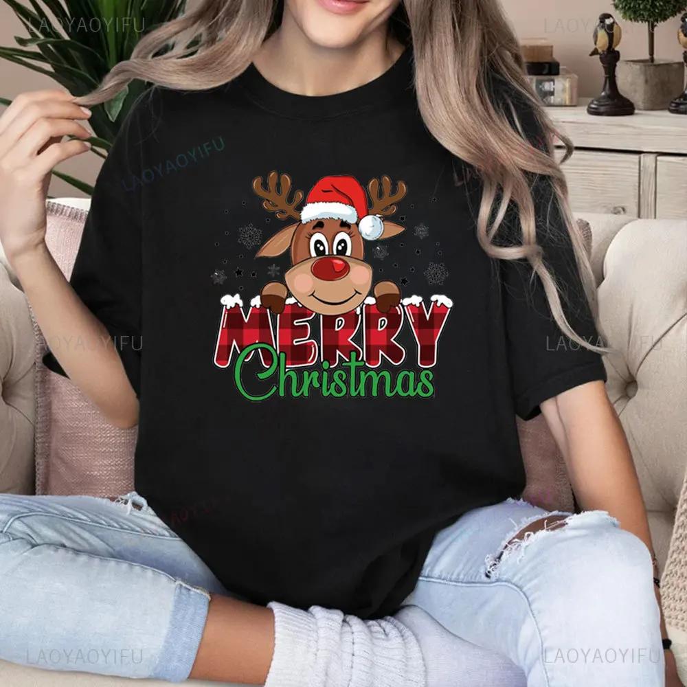 Merry Christmas Moose Graphics T-shirt Women Christmas Shirts Funny Christma Tops Fashion Harajuku Kawaii T-shirt Y2K Clothing