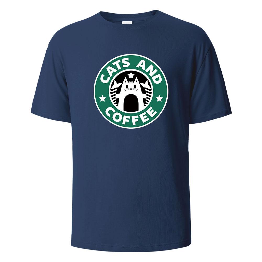 Cats And Coffee Street Funny TShirt For Men Fashion Casual Loose Cotton Clothing Crewneck Breathable Tshirt Hip Hop Tees