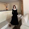 French Ruffled Collar Velvet Dress Women's Autumn and Winter Temperament High-waisted A-line Skirt Hepburn Style Waist Thin Long Dress