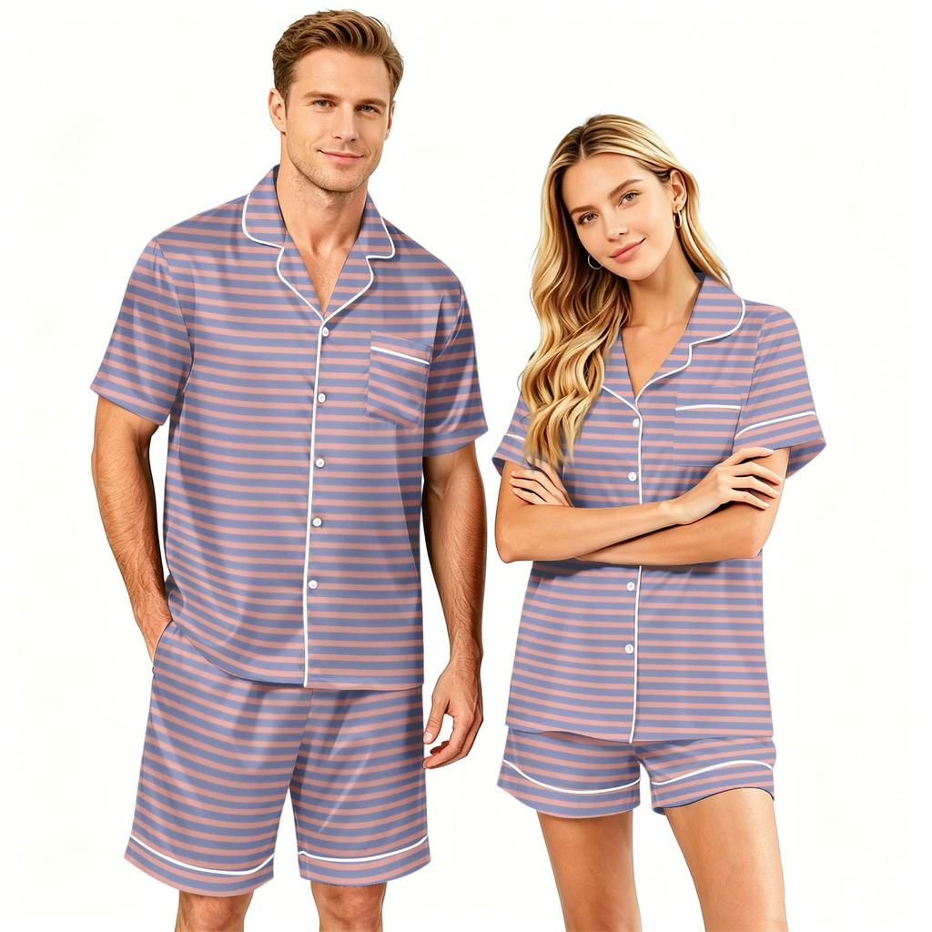 Couple Matching Pajama Set Short Sleeve Button Down Shirt with Hem and Shorts Set Soft Casual Loungewear S To XXXXL