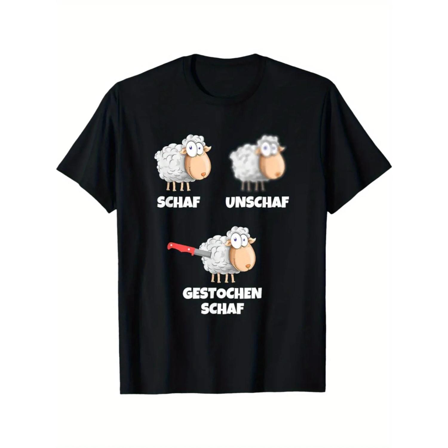 

Humorous German _Unschaf_ T-shirt - Fun SCHAF Words and Sheep Pattern Short Sleeved Shirt, Men s Casual Round Neck Top S чёрный