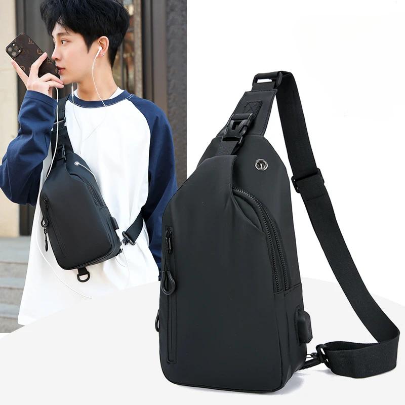 Men Bag Fashion Solid Color Men Chest Bag Outdoor Casual Fashion One Shoulder Crossbody Bag Nylon USB Charging Shoulder Bags