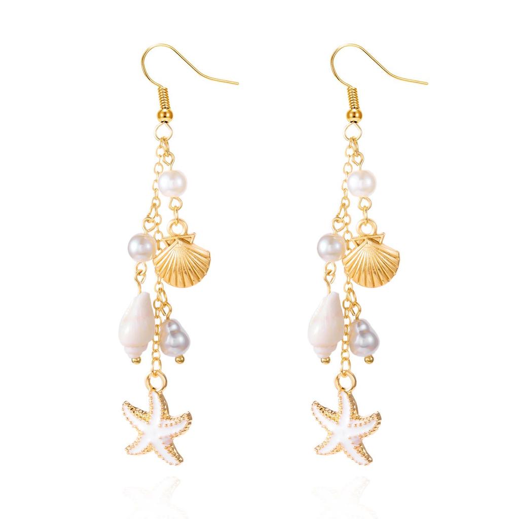 Exquisite Boucles d'Oreilles à Pompons Coquillage & Étoile de Mer pour Femmes – Polyvalentes, Style Bord de Mer de Niche