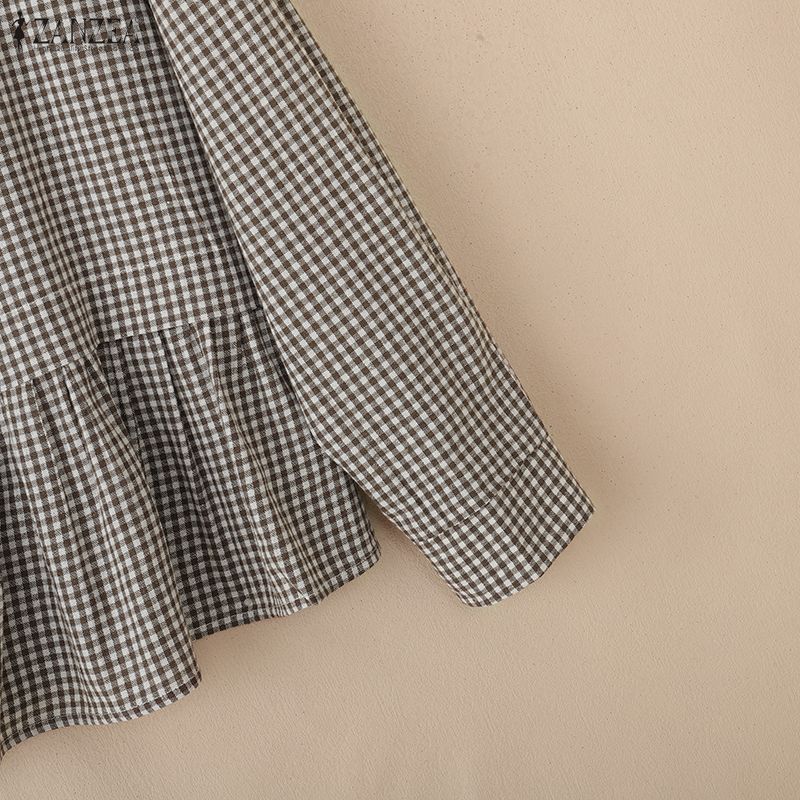 ZANZEA Dámská ležérní halenka s límečkem, kostkovaným potiskem, volným střihem a dlouhým rukávem