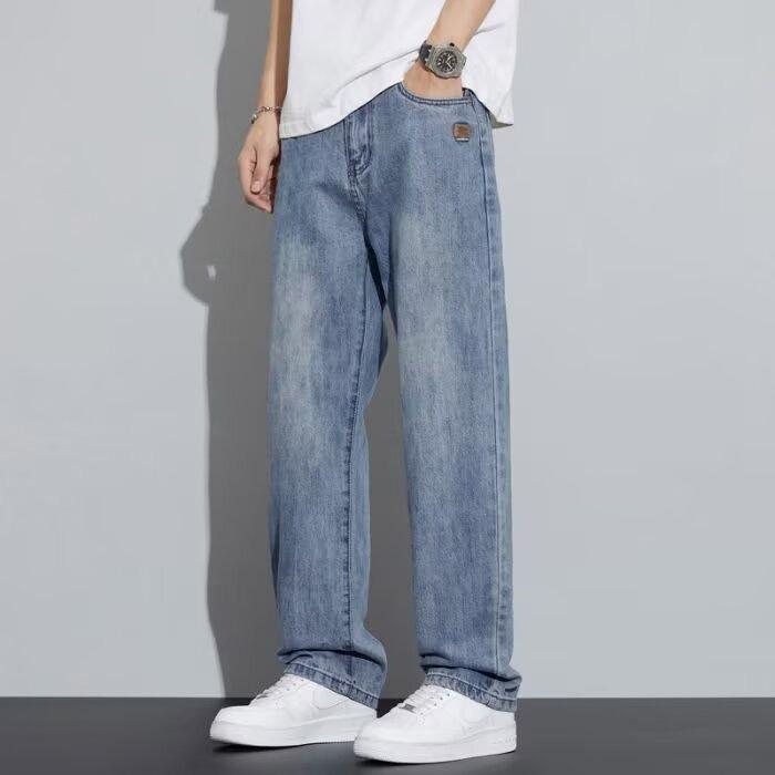 JYL Mens Jeans Vintage Black Cropped American Washed Drooping Straight Wide Leg Denim