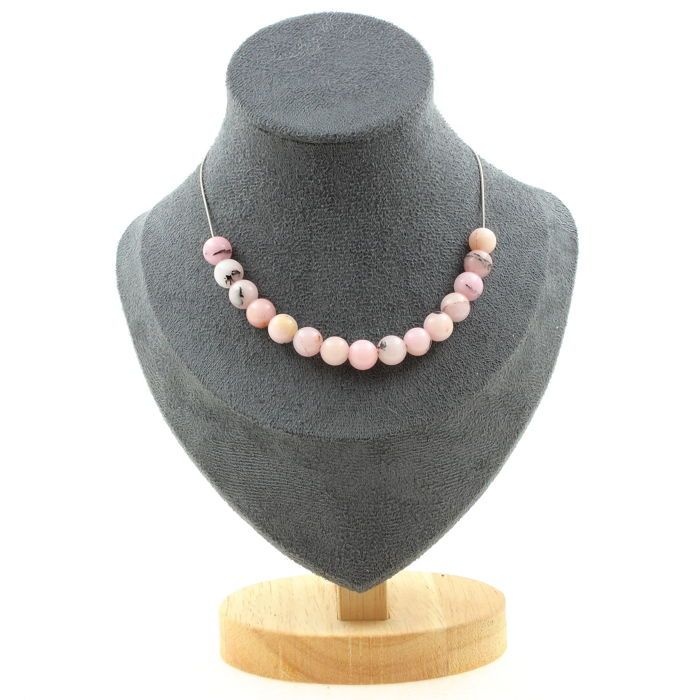 Stones and Minerals. Necklace 15 Pearls Pink Opal 8 Mm. Stainless Steel Chain Necklace Women Men. Customizable Size.