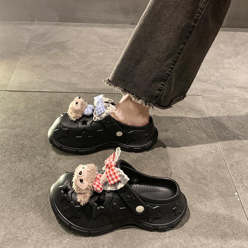 

Женские туфли с отверстиями, летняя мода, цветок, пятиконечная звезда, увеличение высоты, толстая подошва, нескользящие, пляжные, двойного назначения, с закрытым носком, крутые шлепанцы 40/41 чёрный