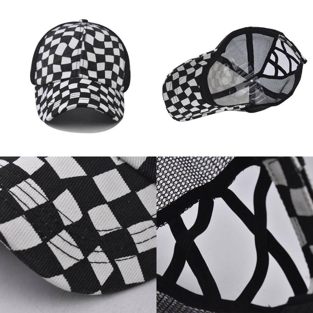 Womens Summer Cotton Baseball Cap With Black And White Grid Splicing Breathable Mesh Design