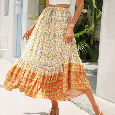 Women Spring Summer Floral Dress High Waist A-Line Long Maxi Skirt