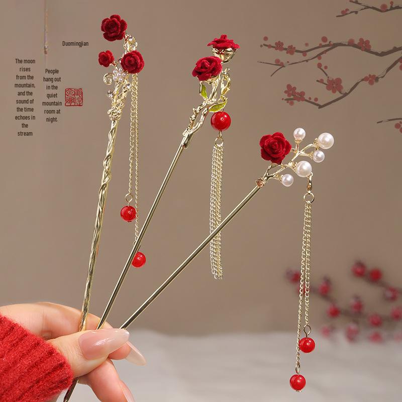 

Заколка для волос с кисточкой в китайском стиле с красным цветком для женщин