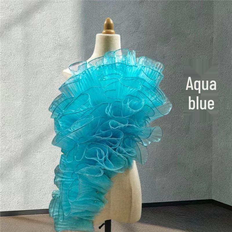 Deep Sea Blue Gradient Lace Pleated Skirt Fabric with Lotus Leaf Design for DIY Clothing