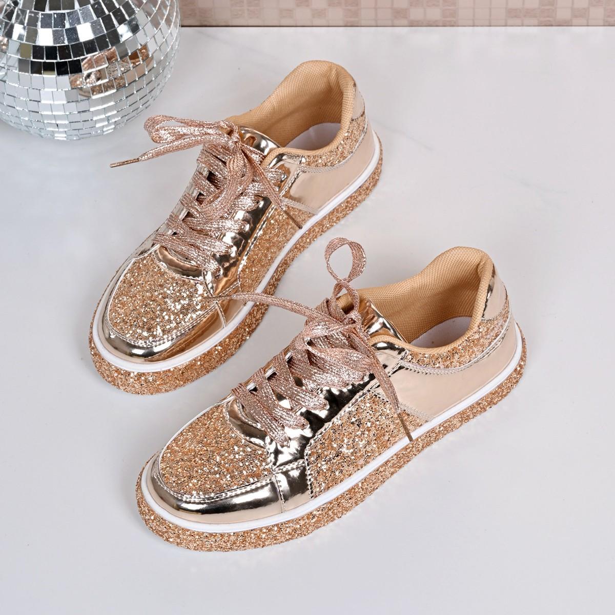 

2025 повседневные модели на плоской подошве для пар, с пайетками, с неглубоким вырезом, шнуровкой, кеды на доске, 43 большой размер, 2025 женская обувь для независимых станций 43 шампанского