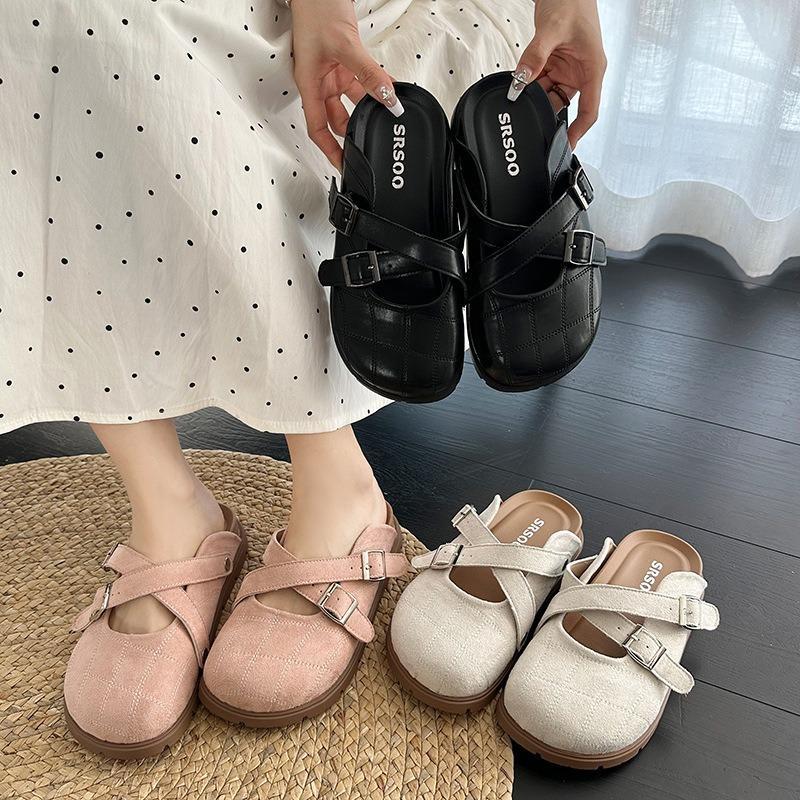 Thick bottom inner height increase girls summer new retro half bag head sandals wear retro bag head slippers women