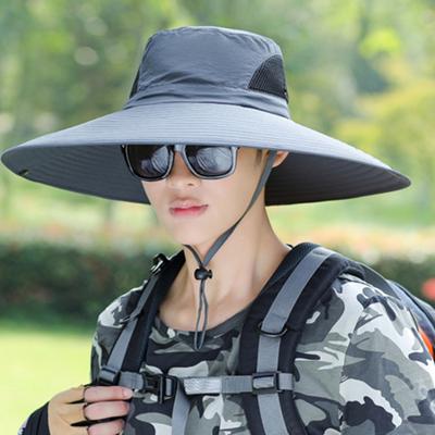 Men Fisherman Hat with 2 Solar Fan Large Brim Windproof Strap USB Charging Anti-UV Sun Protection Waterproof Great Breathability Outdoor Fishing