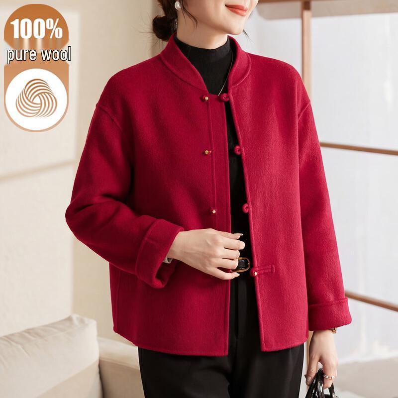 Women s 100% Wool Single-Breasted Mock Neck Winter Coat 2XL
