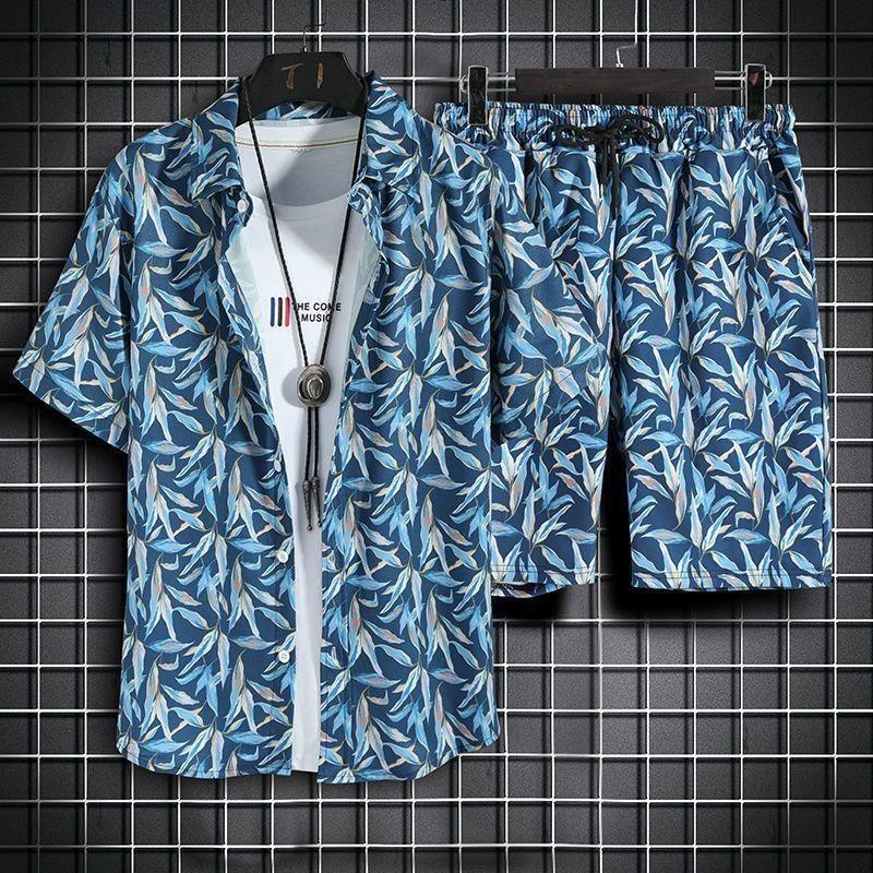 Hawaiian Beach Flower Shirt Men's Hong Kong Style Retro Style Short Sleeved Shirt Set Casual Two-piece Set