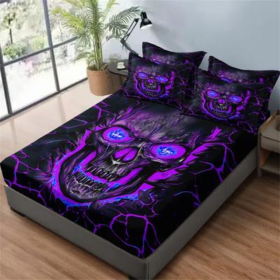 Juego de Sábana Bajera Ajustable con Estampado de Calaveras Moradas de 3 Piezas - Juego de Fundas de Ropa de Cama Suaves y Cómodas para Dormitorio, Habitación de Invitados y Decoración de Dormitorio