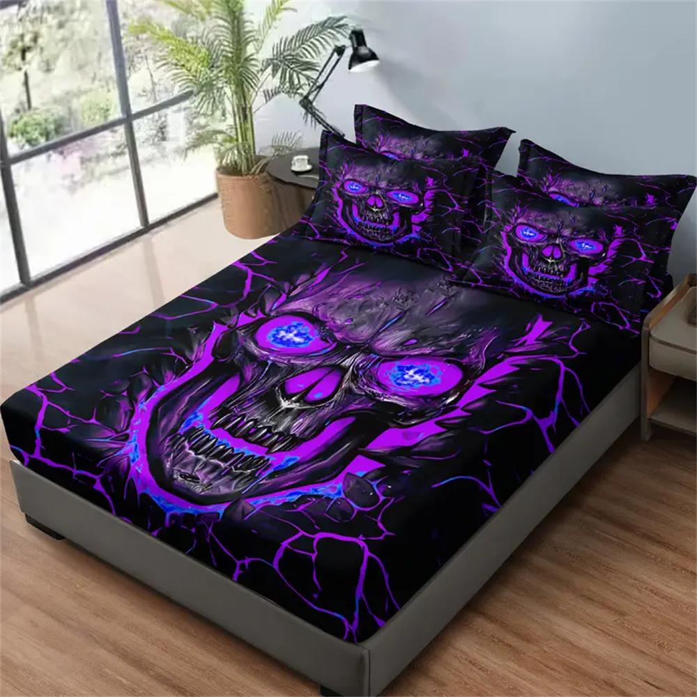 3pcs Purple Light Skull Pattern Fitted Sheet Set-Soft And Comfortable Bedding Cover Set For Bedroom, Guest Room And Dorm Decor