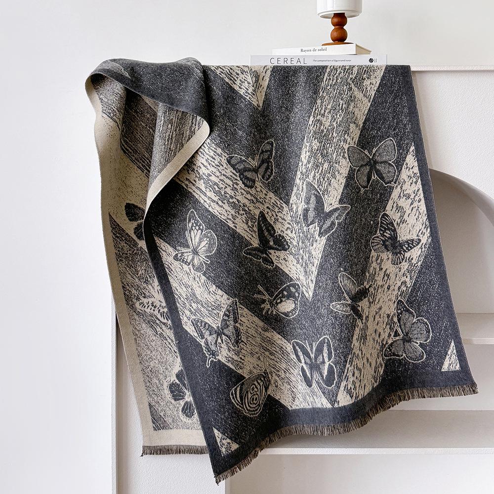 Luxury Butterfly Print Faux Cashmere Scarf: Warm, Stylish Color-Block Shawl for Women, Perfect Winter Neck Warmer