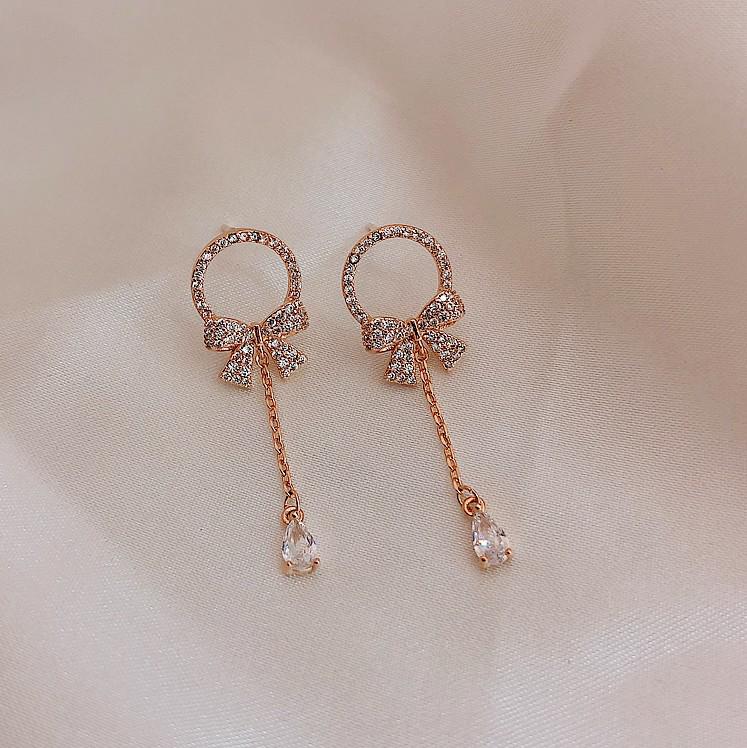 Korean Style Rhinestone Crystal Water Drop Bow Earrings