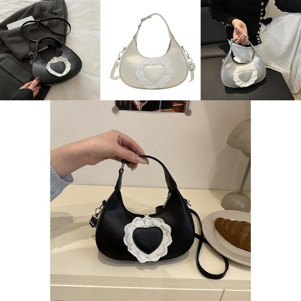 Minimalist Pu Heart Lace Design Bag With Dumpling Shaped And Phone Pocket For Women