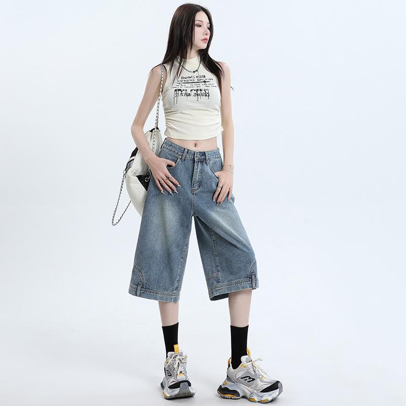 

Inverted Hem Wide-Leg Six-Point Jeans - Trendy, Loose, Cool Mid-Length Pants L