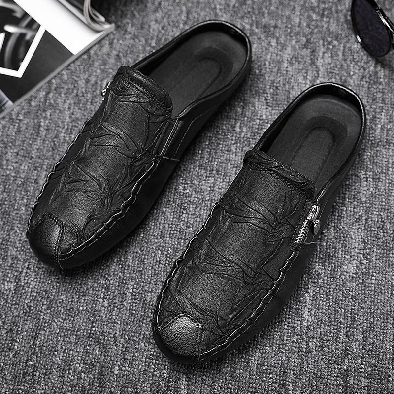 Fashion leather Mens Half Slippers Breathable Mens Casual Shoes Outdoor Men Loafers Lazy Shoes Flats Comfortable Male Sneakers