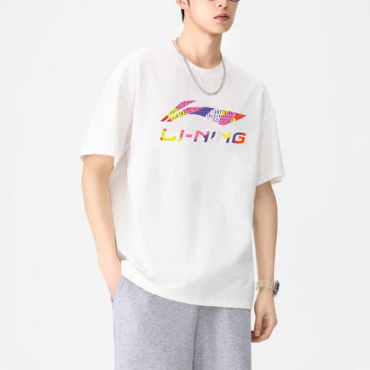Li Ning Logo Letter Round Neck Loose Short Sleeve T-Shirt Men Tops White AHSU831-2